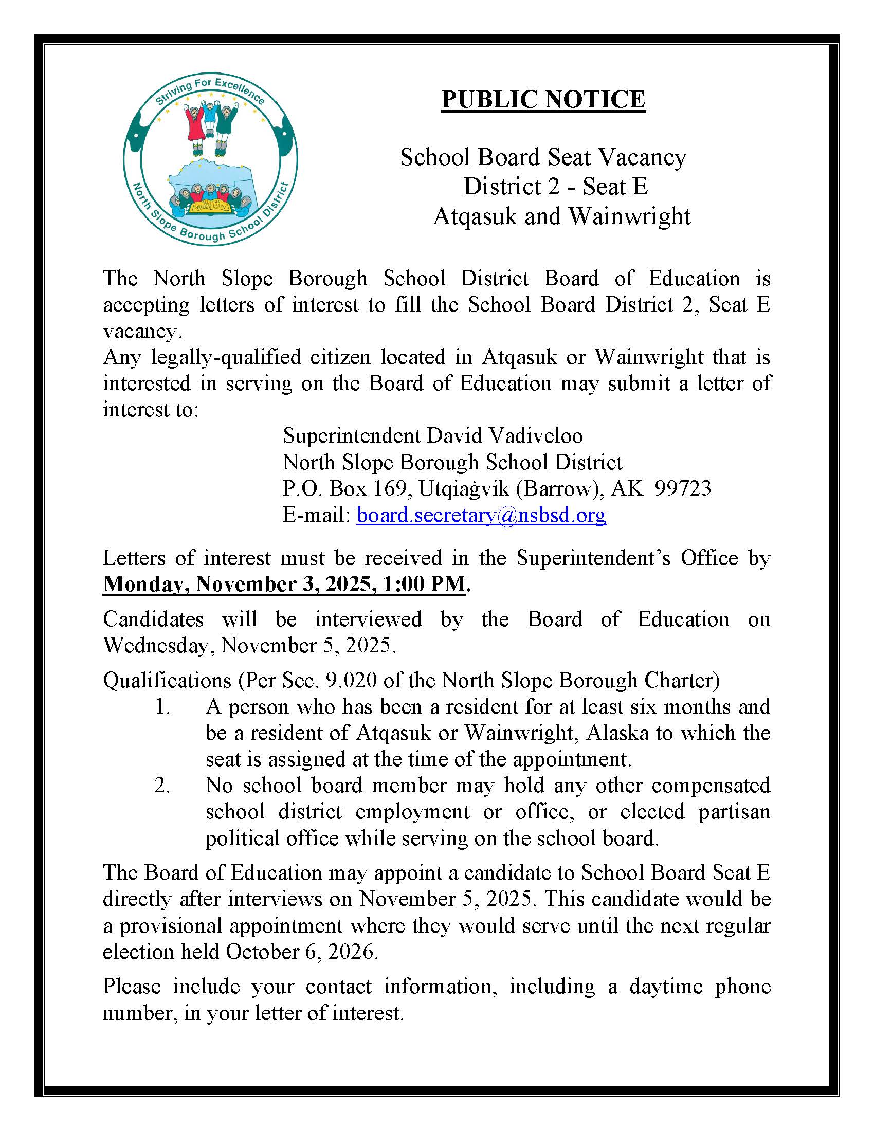 Public Notice of School Board Seat E Vacancy for letters of Interest
